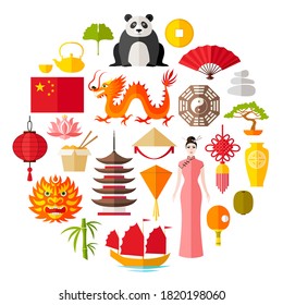 Travel Symbols of China. Vector traditional Chinese attractions and landmarks isolated on white. Set of icons on the tourist theme.