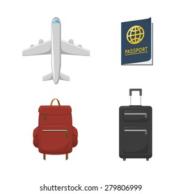 Travel symbols collection. Airplane. Passport. Valises.