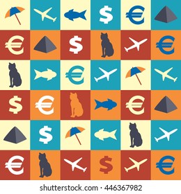 Travel symbols egyptian pattern. Vector seamless background.