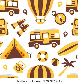 Travel Symbols Seamless Pattern, Summer Vacation Adventures Design Element Can Be Used for Fabric, Wallpaper, Packaging, Web Page Vector Illustration