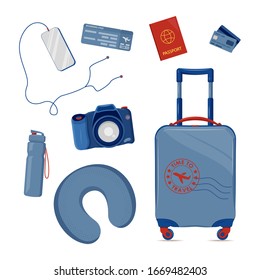 Travel symbols set. Suitcase luggage with passport, boarding pass tickets, travel pillow, camera, smartphone, credit card and bottle. Different touristic elements vector illustration. Vacation banner