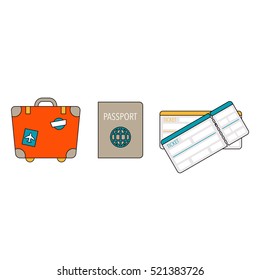 Travel symbols set. Suitcase, passport, boarding pass tickets. Vector illustration