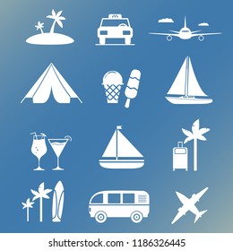 Travel symbols and tourism icon set.Tropical island palm tree.Taxi car cab.Tent, passenger plane, ice cream, alcoholic cocktails.Flat vector.Sailing yacht, board surfing.