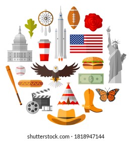 Travel symbols of USA in flat style. Traditional American tourist landmarks. Set of vector icon isolated on white background.