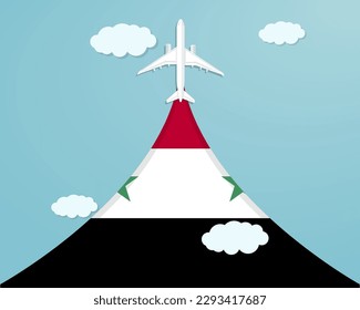 Travel to Syria by flight, destination concept, vacation in Syria, plane vector design, paper cut effect with blue sky and airplane, summer trip idea, country tourism banner