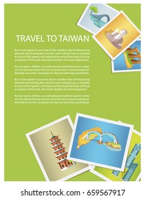 Travel to Taiwan bright promotion poster with photos of attractions. Amazing buildings, unusual bridges and historical monuments vector illustration.
