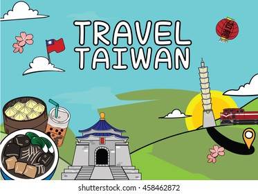 Travel Taiwan doodle design vector illustration. Lovely Taiwan travel design with famous attractions