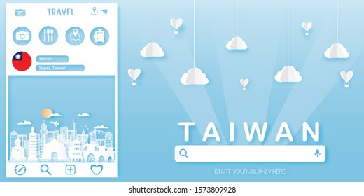 Travel Taiwan postcard, poster, tour advertising of world famous landmarks in paper cut style. Vectors illustrations