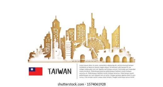 Travel Taiwan postcard, poster, tour advertising of world famous landmarks in paper cut style. Vectors illustrations