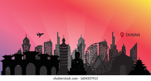 Travel Taiwan postcard, poster, tour advertising of world famous landmarks in paper cut style. Vectors illustrations