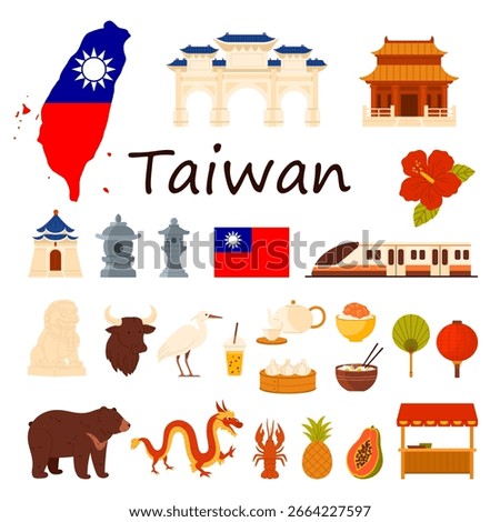 Travel to Taiwan set with title. Map with Taiwanese flag and hibiscus, Confucius Temple and Taipei tower, ancient pagoda and street market food, red lantern and dragon cartoon vector illustration