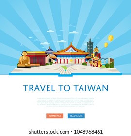 Travel to Taiwan, vector illustration. Open big book with famous traditional and modern asian buildings on striped blue background. Time to travel concept. Taiwan landmarks website template.