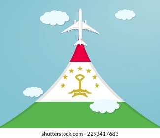 Travel to Tajikistan by flight, destination concept, vacation in Tajikistan, plane vector design, paper cut effect with blue sky and airplane, summer trip idea, country tourism banner