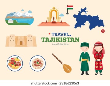 Travel Tajikistan flat icons set. Tajik element icon map and landmarks symbols and objects collection. Vector Illustration