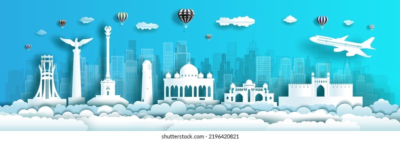 Travel Tajikistan to middle east landmarks of asia with modern architecture cityscape background. Tour landmark arabia to Tajikistan, Khujand, Dushanbe, Asia, Business travel brochure modern design.