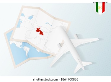Travel to Tajikistan, top view airplane with map and flag of Tajikistan. Travel and tourism banner design.