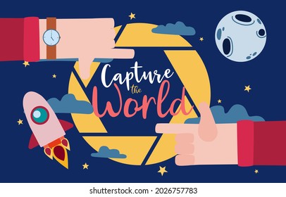 Travel to take a picture around the world for capture with rocket concept, flat vector illustration