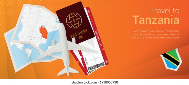 Travel to Tanzania pop-under banner. Trip banner with passport, tickets, airplane, boarding pass, map and flag of Tanzania. Vector template.