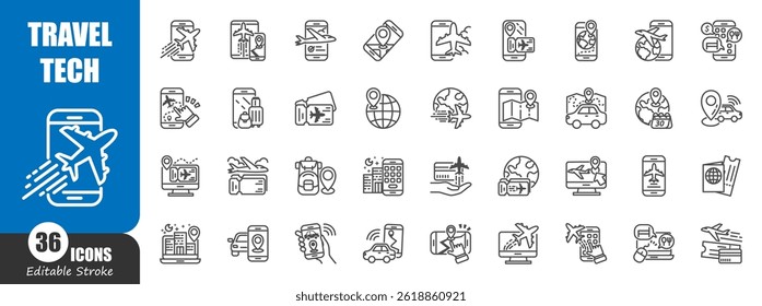 Travel techonology outline icon . Editable stroke . Vector .