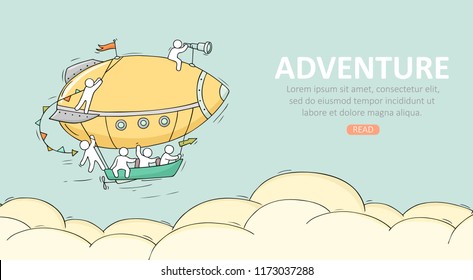 Travel temblate with air balloon. Doodle cute miniature scene about adventure. Hand drawn cartoon vector illustration.