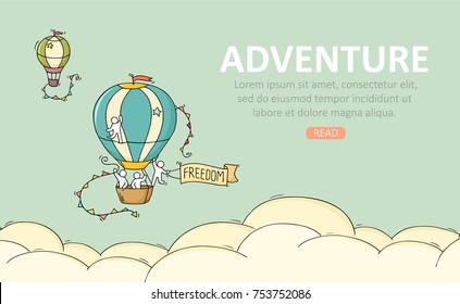 Travel temblate with air balloon. Doodle cute miniature scene about adventure. Hand drawn cartoon vector illustration.