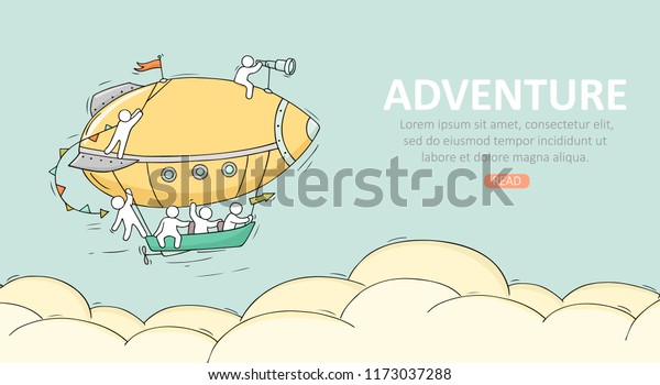 気球で旅をする 冒険に関するかわいいミニチュアシーンを落書き 手描きのカートーンベクターイラスト のベクター画像素材 ロイヤリティフリー