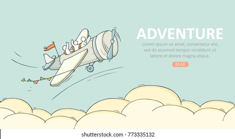 Travel temblate with airplane. Doodle cute miniature scene about adventure. Hand drawn cartoon vector illustration.