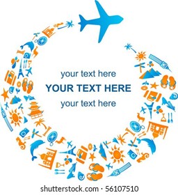 Travel template with airplane trail made from many icons