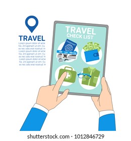 Travel Template Background Hands Holding Digital Tablet With Baggage Check List Flat Vector Illustration