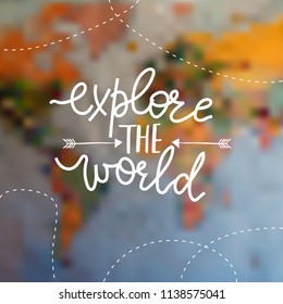 Travel template with quote. Blurred map background and text.