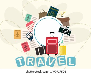 Travel template with vector of suitcase, boarding pass, bags, camera, passport and calendar reminder for tourism banner and business.