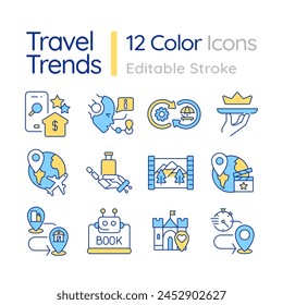 Travel tendencies RGB color icons set. AI travel assistance. Online booking. Eco-friendly tourism. Travel app. Isolated vector illustrations. Simple filled line drawings collection. Editable stroke