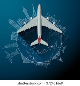 Travel text and airliner on landmarks around the word. Vector, illustrator.