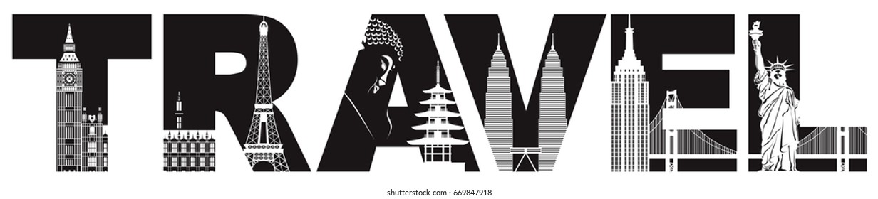 Travel text outline with world landmarks of Europe Southeast Asia United States black and white vector illustration