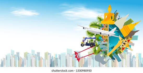 Travel Thailand - airplane and World,Cloud - Building in the city,  Buddha statue,pagoda,elephant, -modern Idea and Concept - Vector