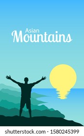 Travel to Thailand and Asia. Vector illustration with a man on the background of mountain ranges, sun and sea harbors. A tourist on top of a hill with open arms. Trip to tropical countries concept.