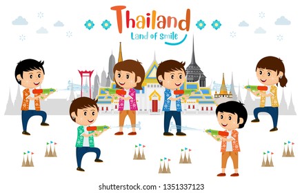 Travel to Thailand. Bangkok Boy and Girl Celebrating in Songkran festival. vector illustration
