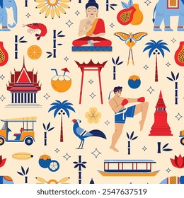 Travel Thailand and Bangkok pattern. Thai traditions and Asian culture on seamless background with popular landmarks and symbols as Buddha, animals, fruits, tuk-tuk and Muay Thai fighter.