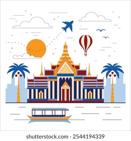 Viaje a Tailandia y Bangkok ilustración turística con el templo asiático tradicional, barco en el agua, palmeras, globo aerostático y avión en el cielo. Escena de viaje de Asia en diseño plano.