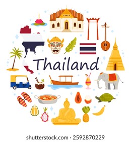 Travel to Thailand, culture elements and landmarks, tourism symbols and food in round infographic banner with title. ancient pagoda and temple, Tom Yam and beach palm tree cartoon vector illustration