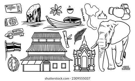 Viaja a los íconos del doodle de Tailandia. Dibujo manual de objetos. Barco de vela, elefante y antiguo destino de pagoda. Edificio arquitectónico en el este de asia.