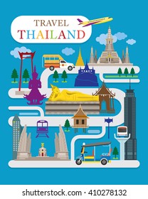 Travel Thailand Flat Design Vector, Landmarks, Temple, Tuk Tuk, Map