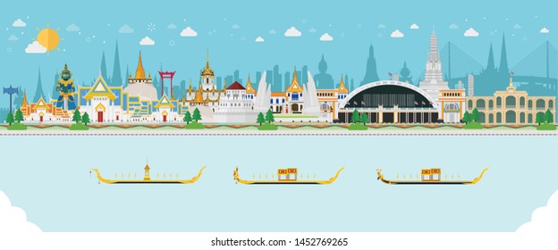 Travel to Thailand and Grand Palace, Guardian Giant, Temple, Hualamphong station, Rama VIII Bridge, Wat Arun in Bangkok. Vector illustration