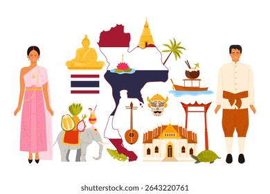 Travel to Thailand infographic poster collage with Thai culture elements, happy man and woman in traditional Chut Thai costumes, old landmarks and food, Tom yum and durian cartoon vector illustration