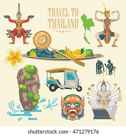 Travel Thailand landmarks. Thai vector icons. Vacations poster with thai ethnic elements