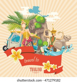 Travel Thailand landmarks. Thai vector icons. Vacations poster with thai ethnic elements