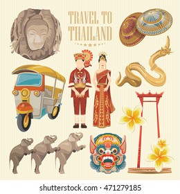 Travel Thailand landmarks. Thai vector icons. Vacations poster with thai ethnic elements