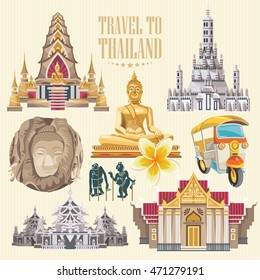 Travel Thailand landmarks. Thai vector icons. Vacations poster with thai ethnic elements