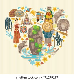 Travel Thailand landmarks. Thai vector icons. Vacations poster with thai ethnic elements
