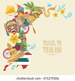 Travel Thailand landmarks. Thai vector icons. Vacations poster with thai ethnic elements